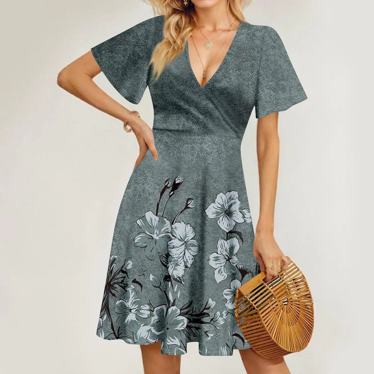 Summer Boho Floral Sundress for Women 2025 V Neck Wrap Dresses Short Sleeve Casual A-Line Midi Vacation Beach Dress
