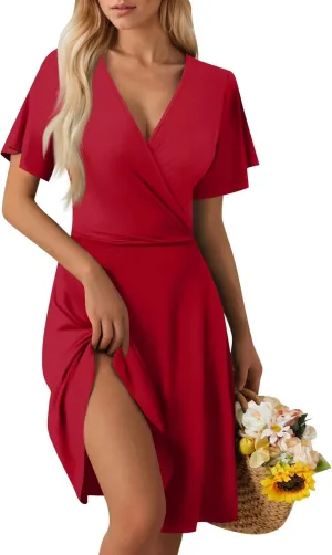 Summer Boho Floral Sundress for Women 2025 V Neck Wrap Dresses Short Sleeve Casual A-Line Midi Vacation Beach Dress