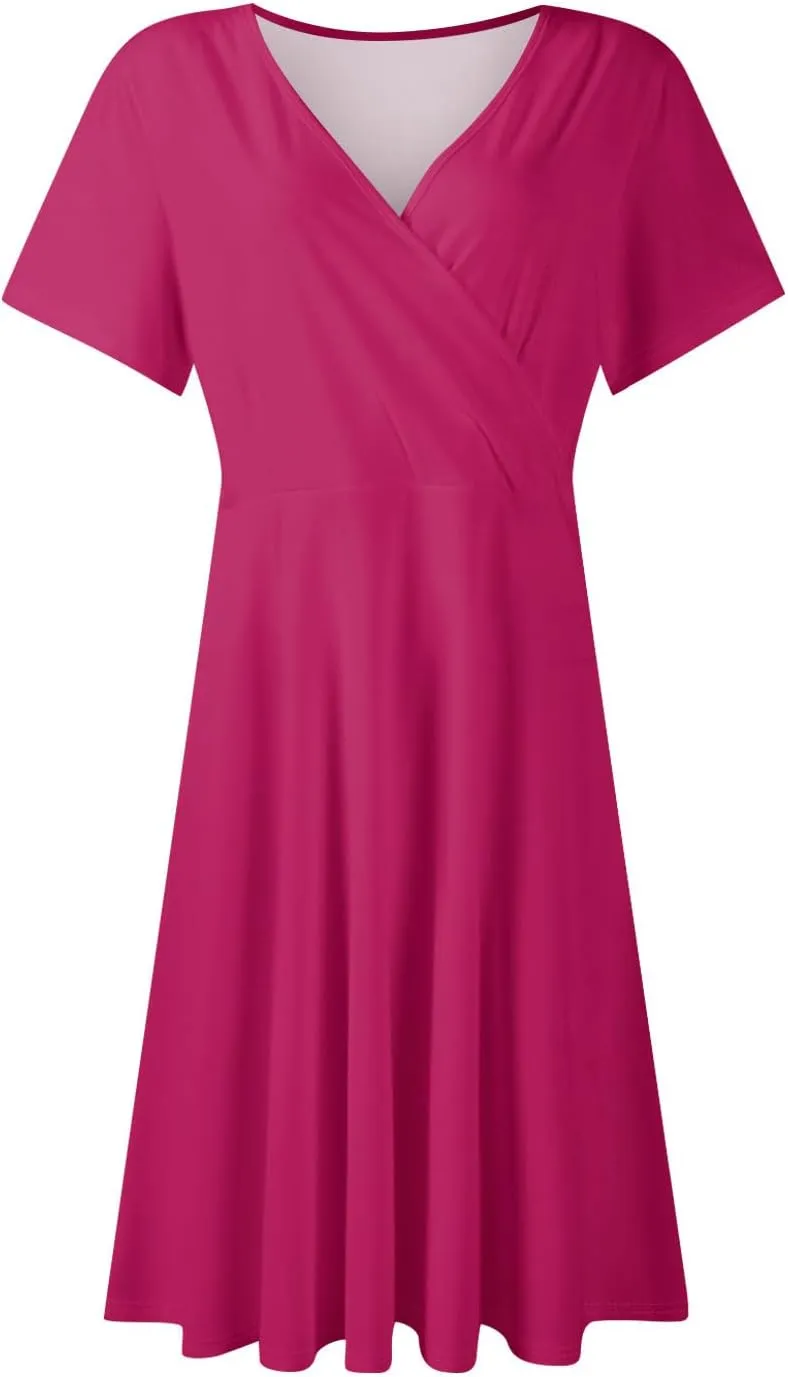 Summer Boho Floral Sundress for Women 2025 V Neck Wrap Dresses Short Sleeve Casual A-Line Midi Vacation Beach Dress