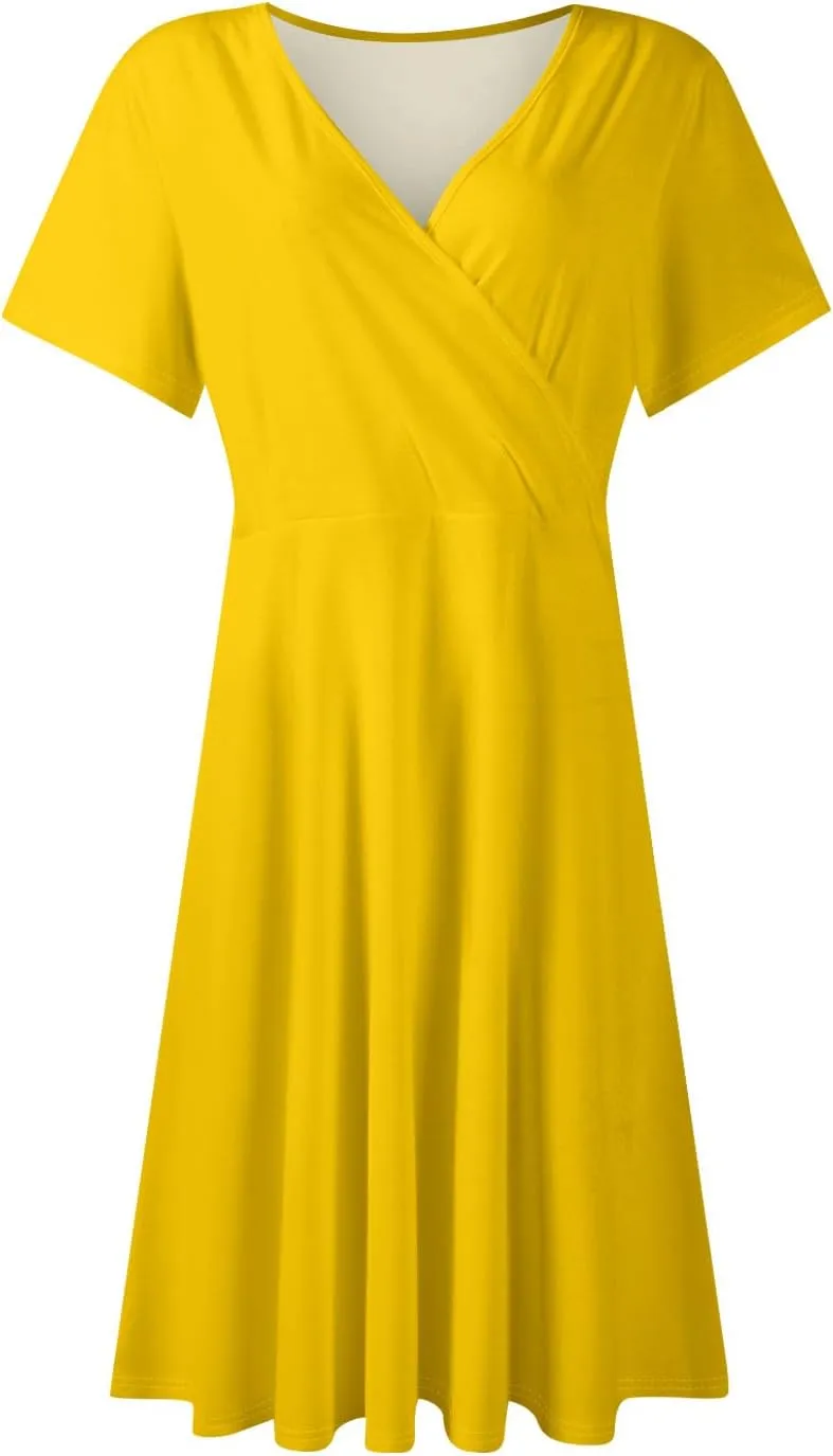 Summer Boho Floral Sundress for Women 2025 V Neck Wrap Dresses Short Sleeve Casual A-Line Midi Vacation Beach Dress