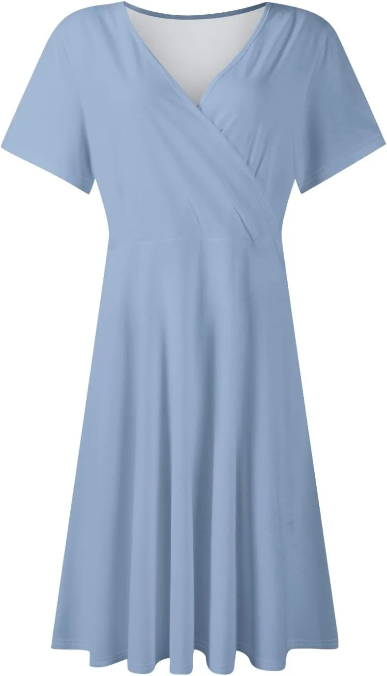 Summer Boho Floral Sundress for Women 2025 V Neck Wrap Dresses Short Sleeve Casual A-Line Midi Vacation Beach Dress
