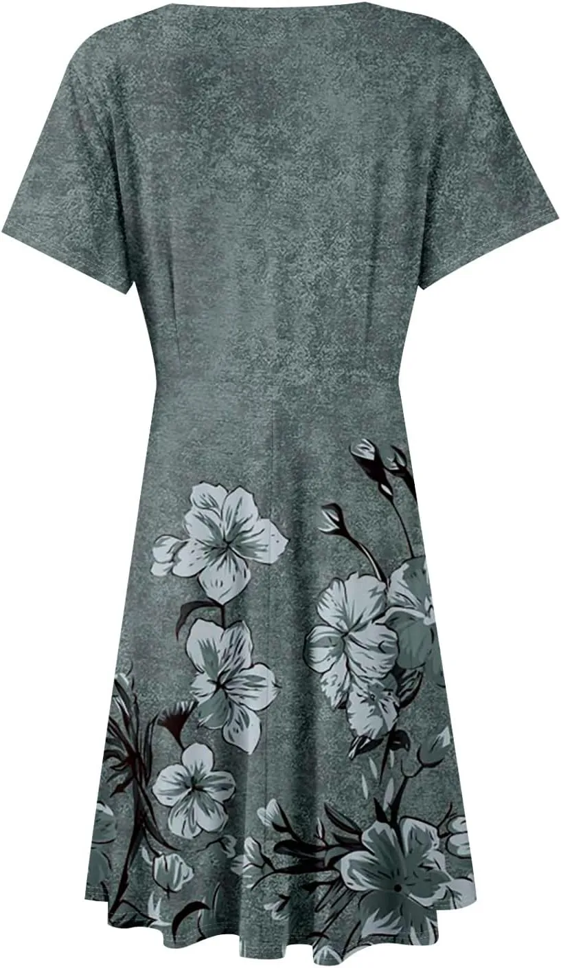 Summer Boho Floral Sundress for Women 2025 V Neck Wrap Dresses Short Sleeve Casual A-Line Midi Vacation Beach Dress
