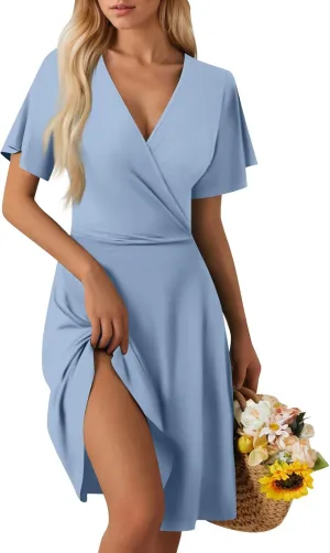 Summer Boho Floral Sundress for Women 2025 V Neck Wrap Dresses Short Sleeve Casual A-Line Midi Vacation Beach Dress