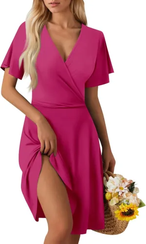 Summer Boho Floral Sundress for Women 2025 V Neck Wrap Dresses Short Sleeve Casual A-Line Midi Vacation Beach Dress