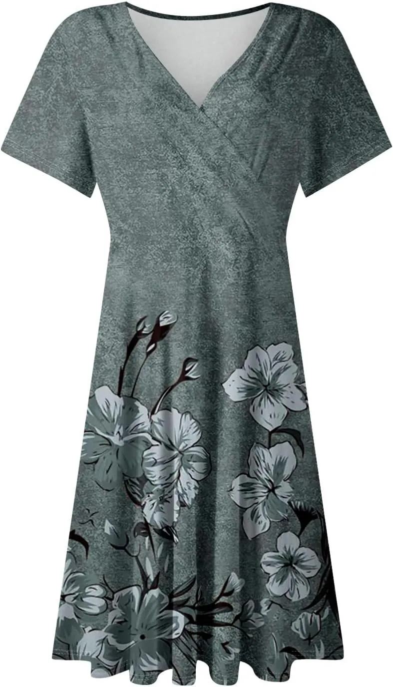 Summer Boho Floral Sundress for Women 2025 V Neck Wrap Dresses Short Sleeve Casual A-Line Midi Vacation Beach Dress