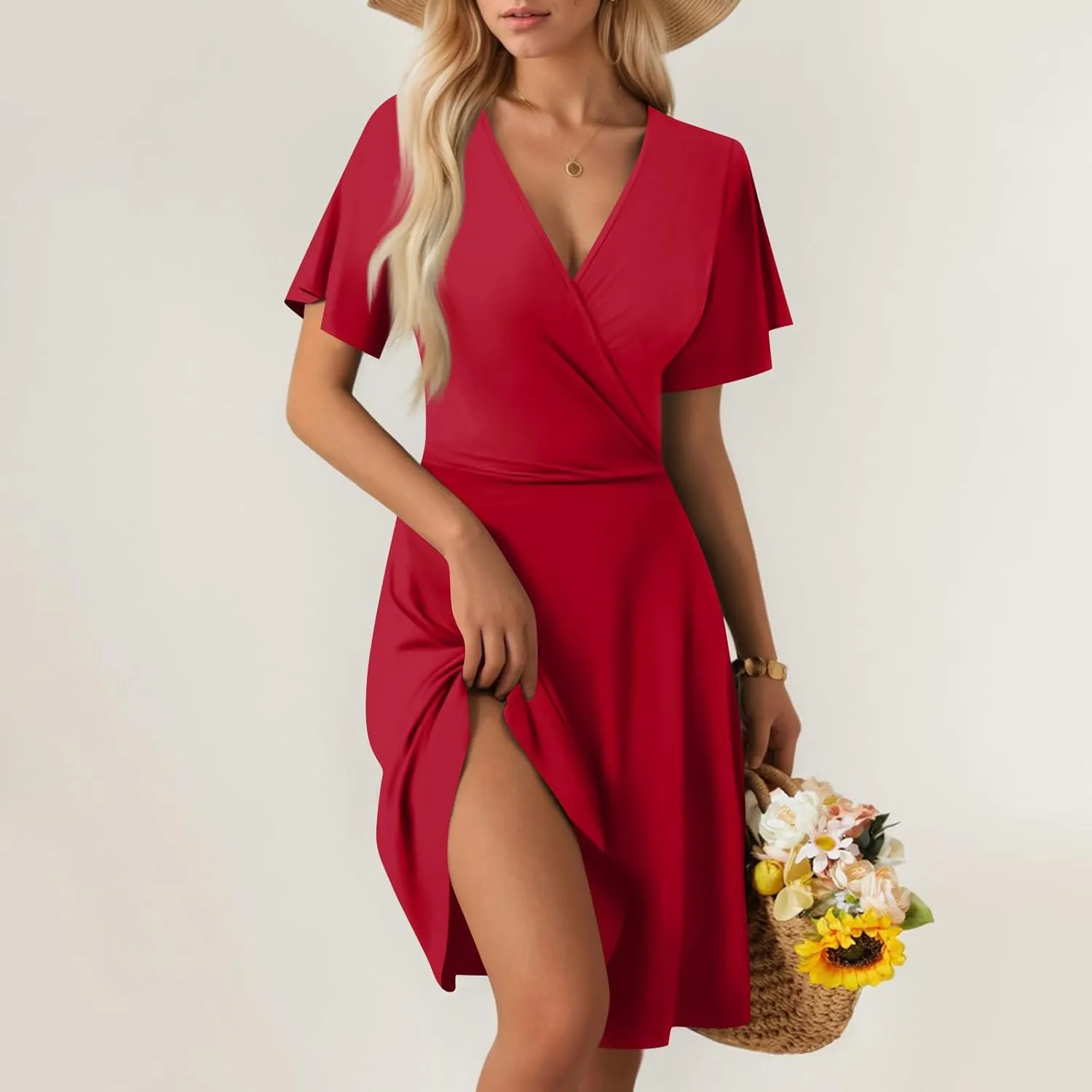Summer Boho Floral Sundress for Women 2025 V Neck Wrap Dresses Short Sleeve Casual A-Line Midi Vacation Beach Dress