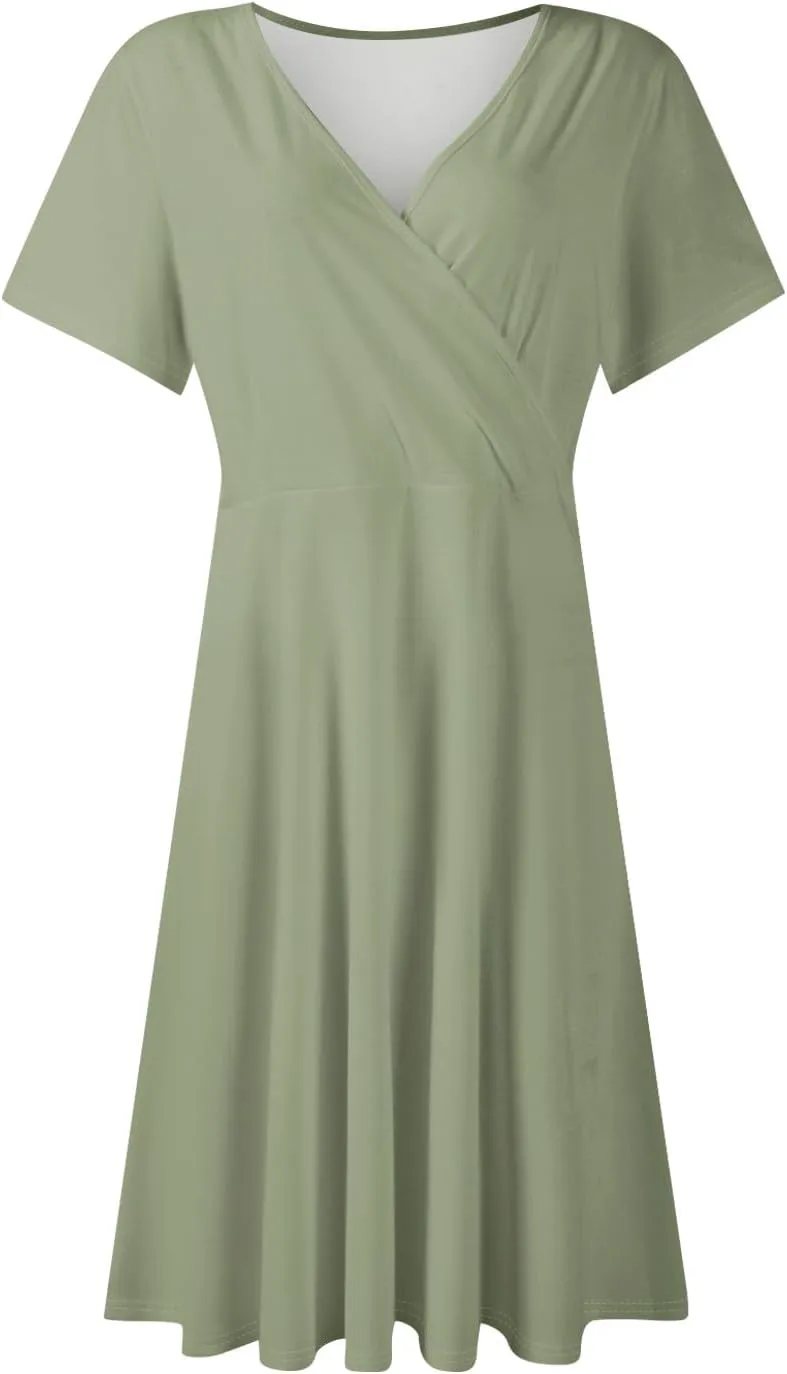 Summer Boho Floral Sundress for Women 2025 V Neck Wrap Dresses Short Sleeve Casual A-Line Midi Vacation Beach Dress