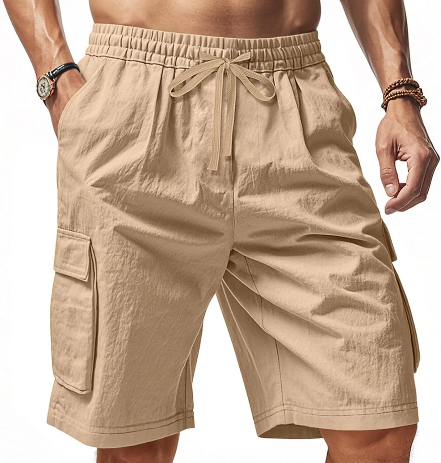 Summer Cargo Shorts for Men Casual Drawstring Elastic Waist Shorts Lightweight Vacation Beach Pant with Multi Pockets