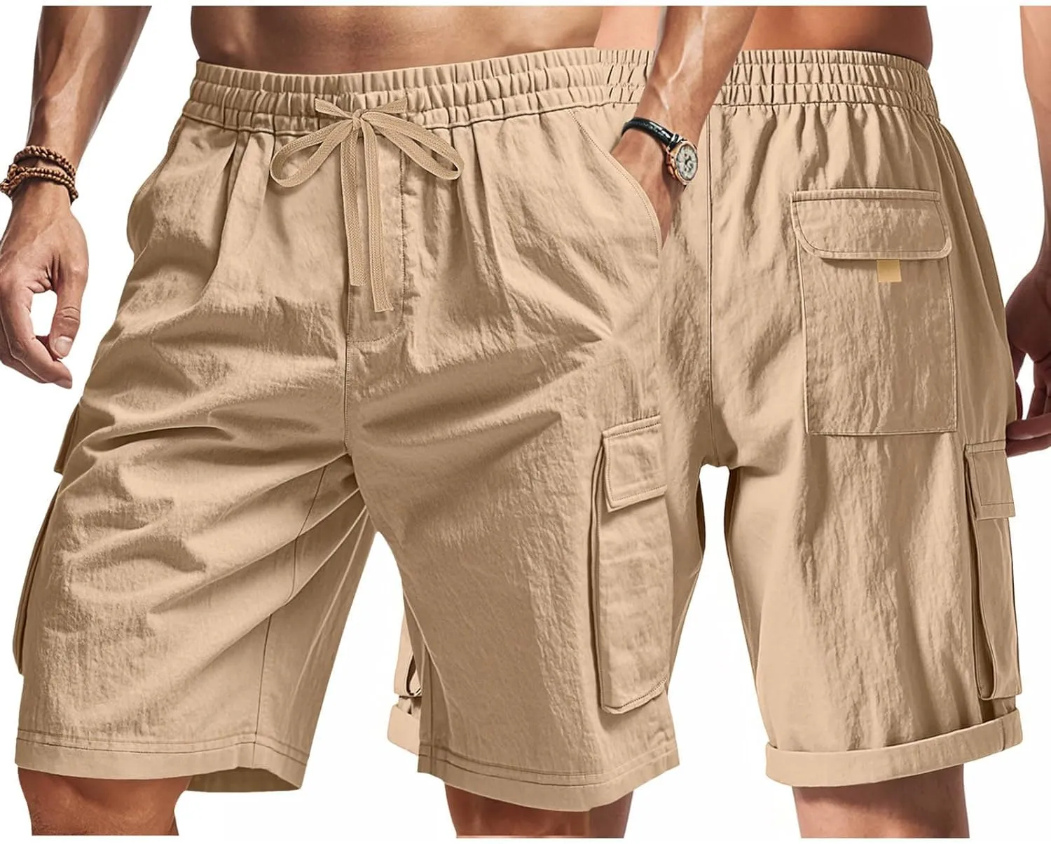 Summer Cargo Shorts for Men Casual Drawstring Elastic Waist Shorts Lightweight Vacation Beach Pant with Multi Pockets