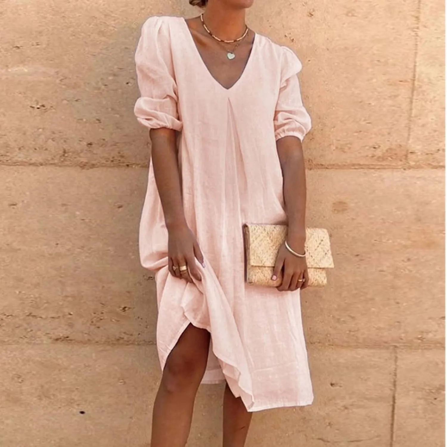 Summer Cotton Linen Dress for Ladies 2024 Womens Casual Midi Dress Half Sleeve Solid Tshirt Dress Fashion Boho Dress