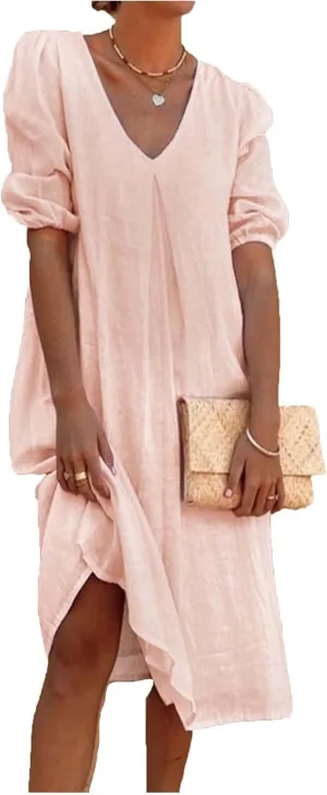 Summer Cotton Linen Dress for Ladies 2024 Womens Casual Midi Dress Half Sleeve Solid Tshirt Dress Fashion Boho Dress