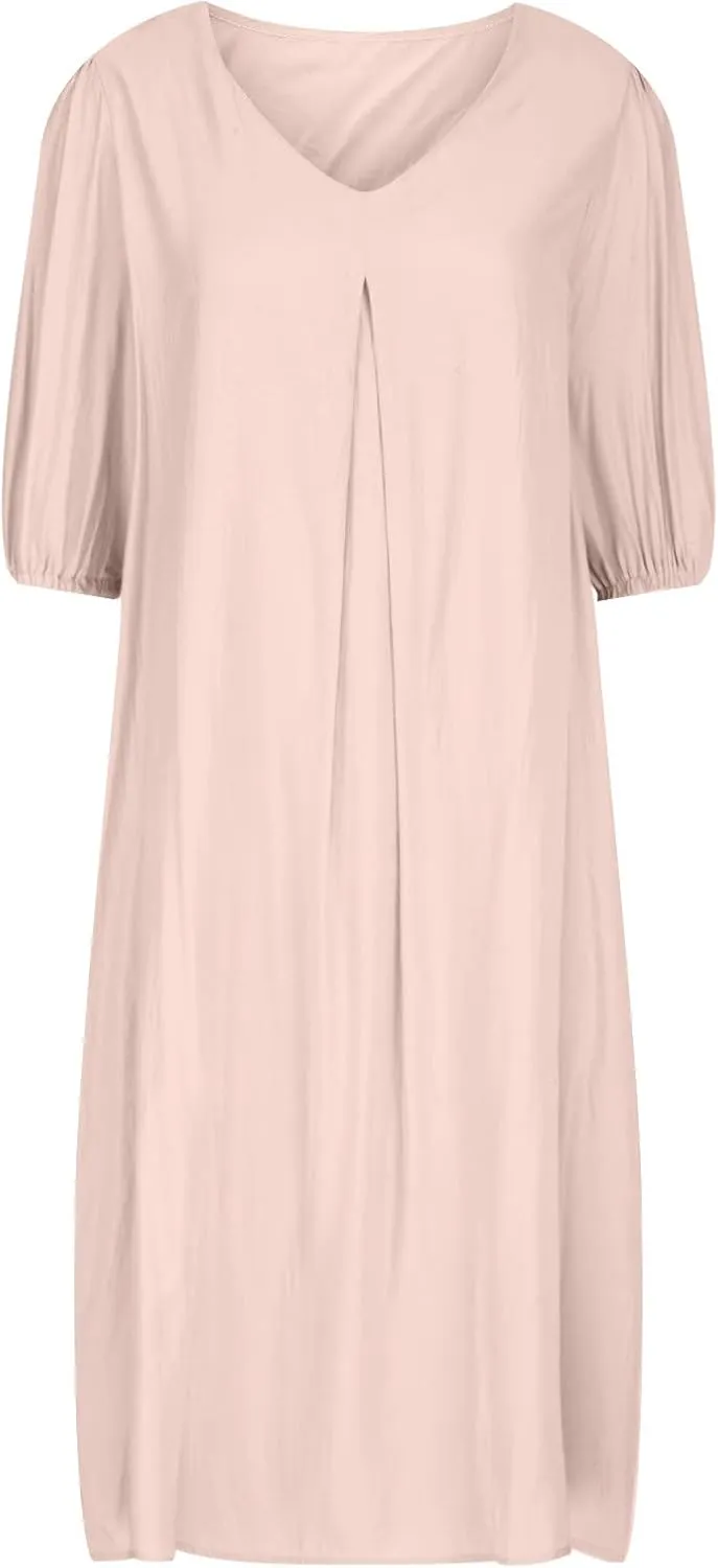 Summer Cotton Linen Dress for Ladies 2024 Womens Casual Midi Dress Half Sleeve Solid Tshirt Dress Fashion Boho Dress