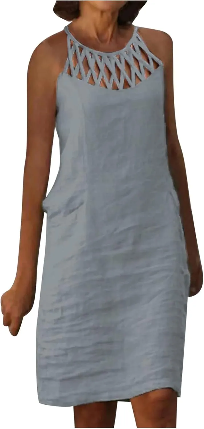Summer Cotton Linen Dresses for Women Casual Boho Shirt Dresses Halter Spaghetti Strap Beach Flowy Mini Sundress