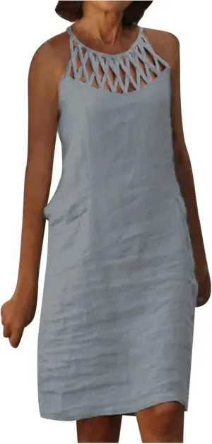 Summer Cotton Linen Dresses for Women Casual Boho Shirt Dresses Halter Spaghetti Strap Beach Flowy Mini Sundress