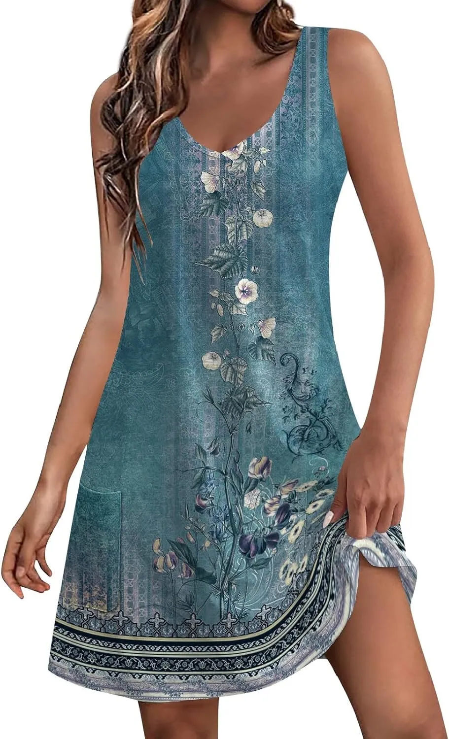 Summer Dresses for Women 2024 Women's Casual Sundress with Pockets Boho Beach Dress Floral V Neck Loose Tank Dresses