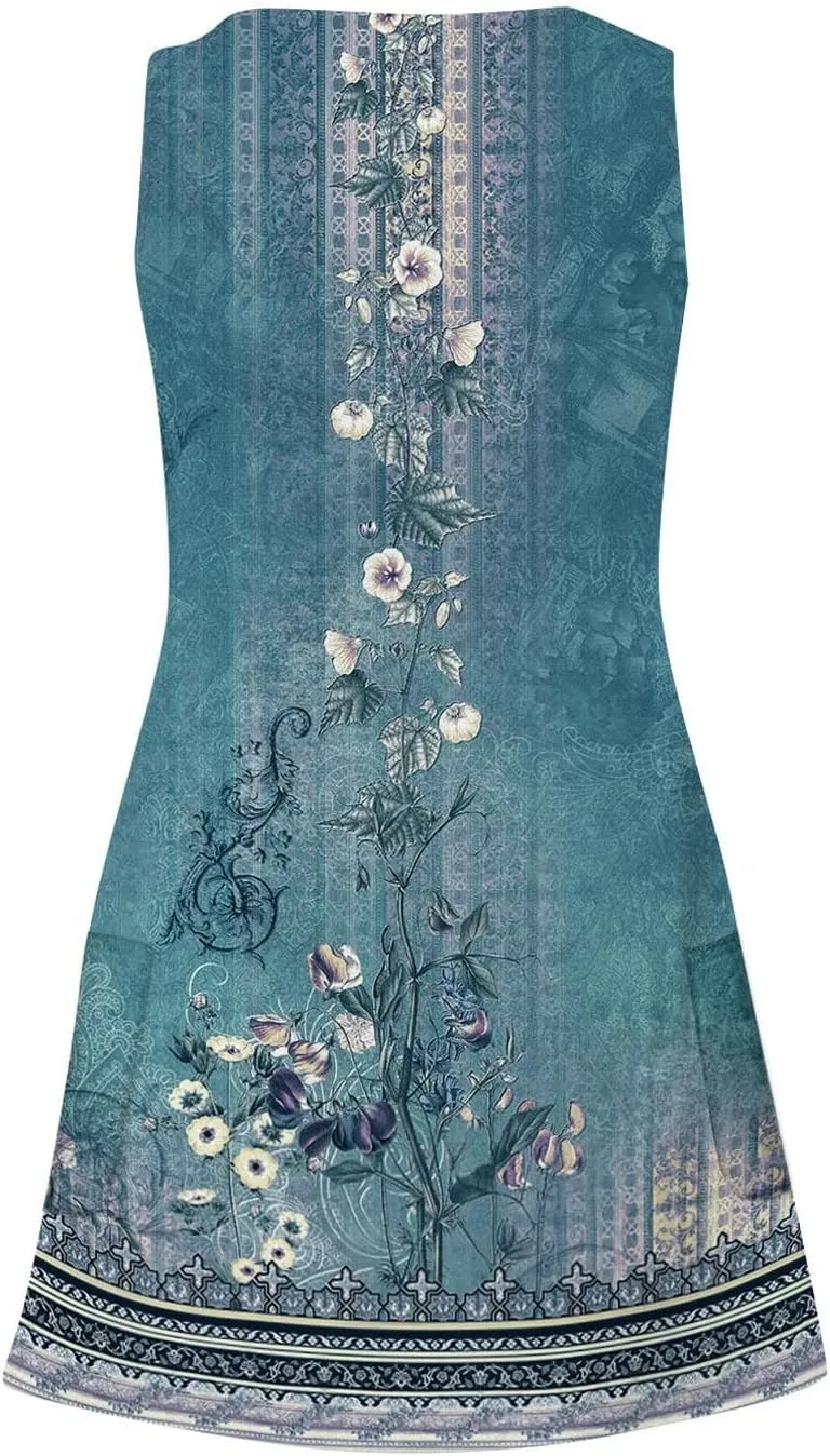 Summer Dresses for Women 2024 Women's Casual Sundress with Pockets Boho Beach Dress Floral V Neck Loose Tank Dresses