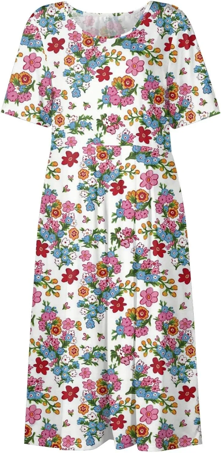 Summer Dresses for Women 2025 Casual Short Sleeve Scoop Neck Print Swing Beach Boho Tshirt Dress with Pockets