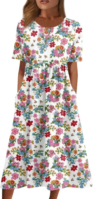 Summer Dresses for Women 2025 Casual Short Sleeve Scoop Neck Print Swing Beach Boho Tshirt Dress with Pockets