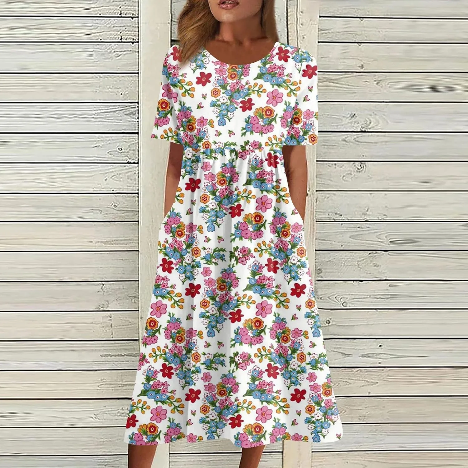 Summer Dresses for Women 2025 Casual Short Sleeve Scoop Neck Print Swing Beach Boho Tshirt Dress with Pockets