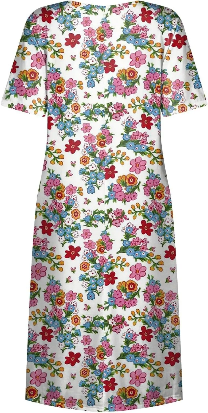 Summer Dresses for Women 2025 Casual Short Sleeve Scoop Neck Print Swing Beach Boho Tshirt Dress with Pockets
