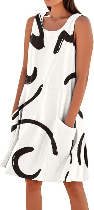 Summer Dresses for Women 2025 Crewneck Sleeveless Cotton Linen Tank Dress Beach Vacation Sundresses with Pockets