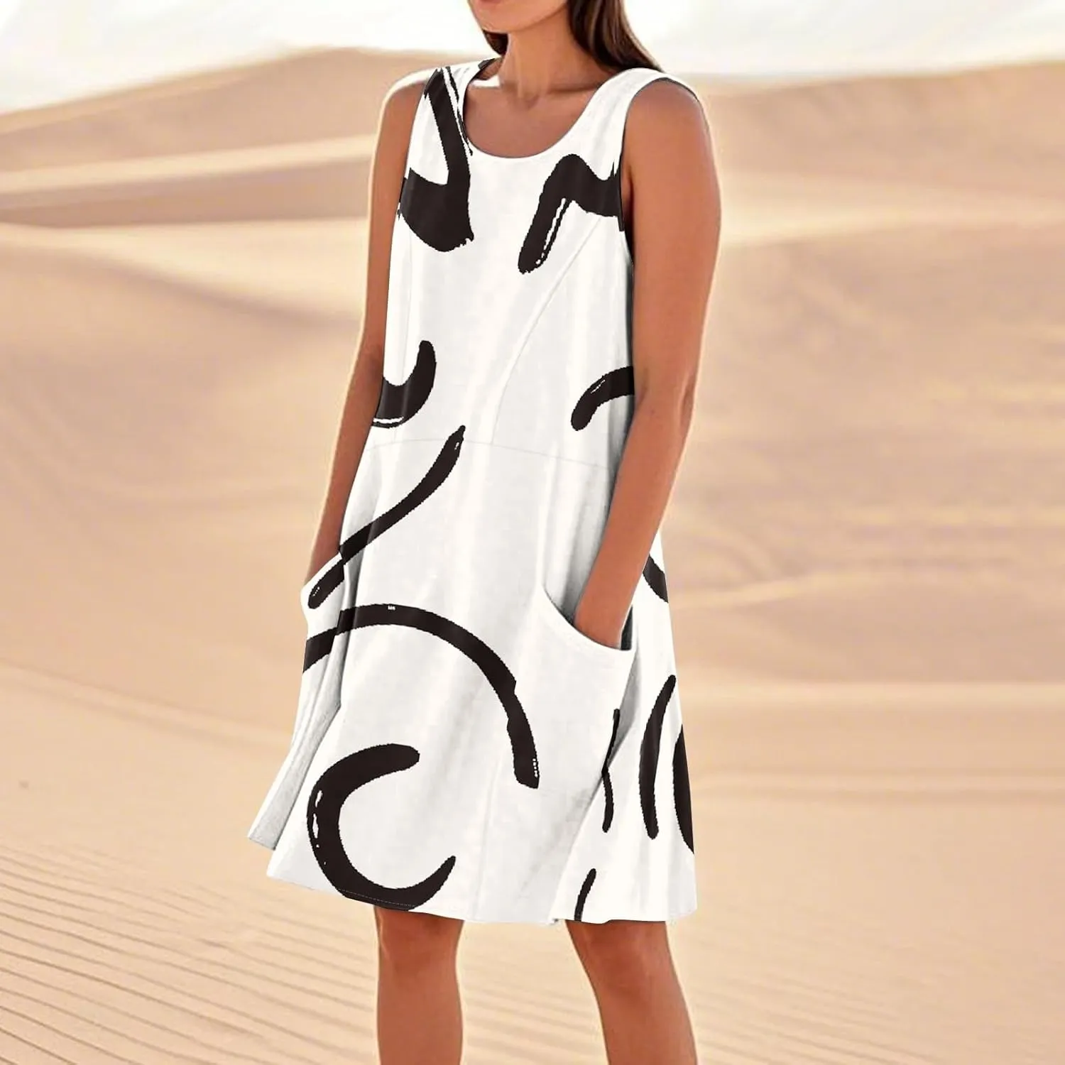 Summer Dresses for Women 2025 Crewneck Sleeveless Cotton Linen Tank Dress Beach Vacation Sundresses with Pockets