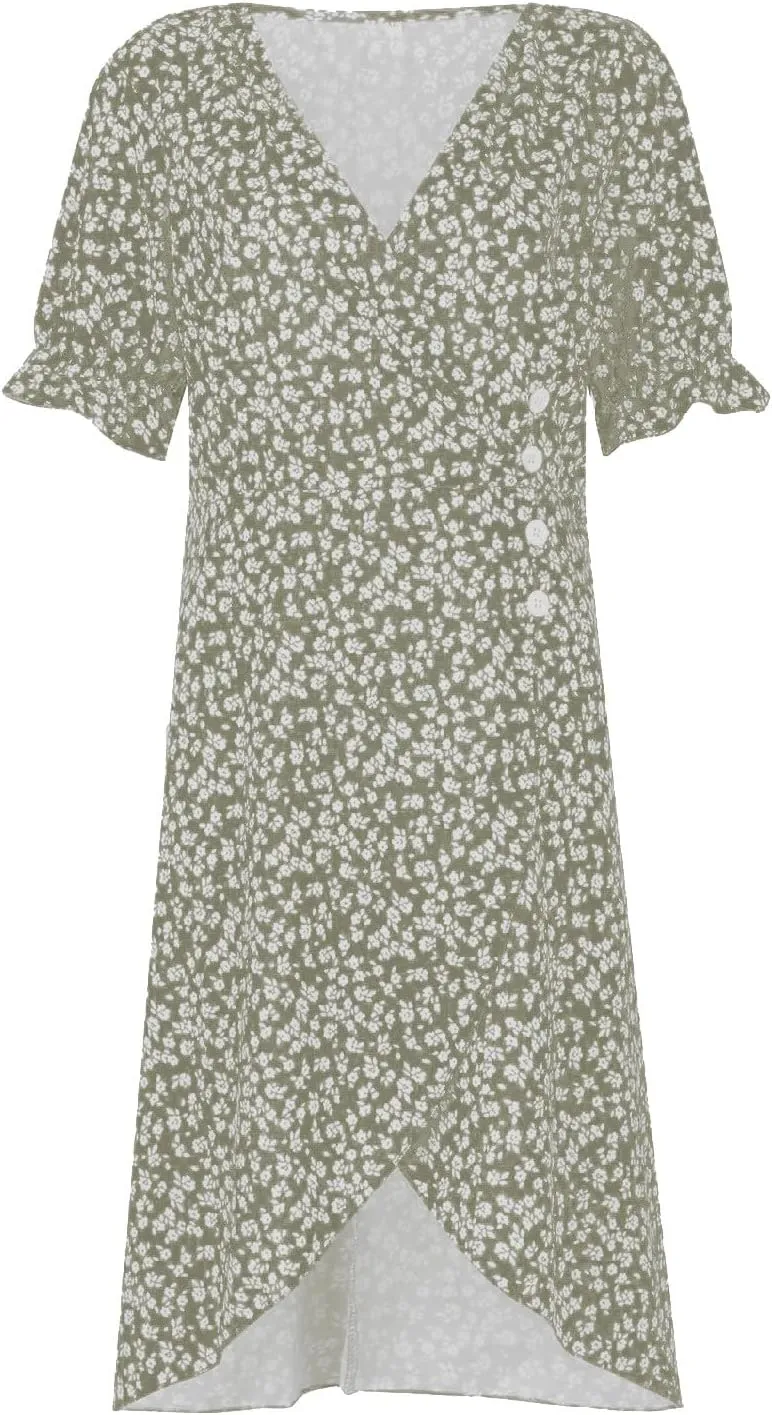 Summer Dresses for Women 2025 Fashion Floral Print V Neck 3/4 Sleeve Dress High Waist Boho Dresses Wrap Maxi Dress