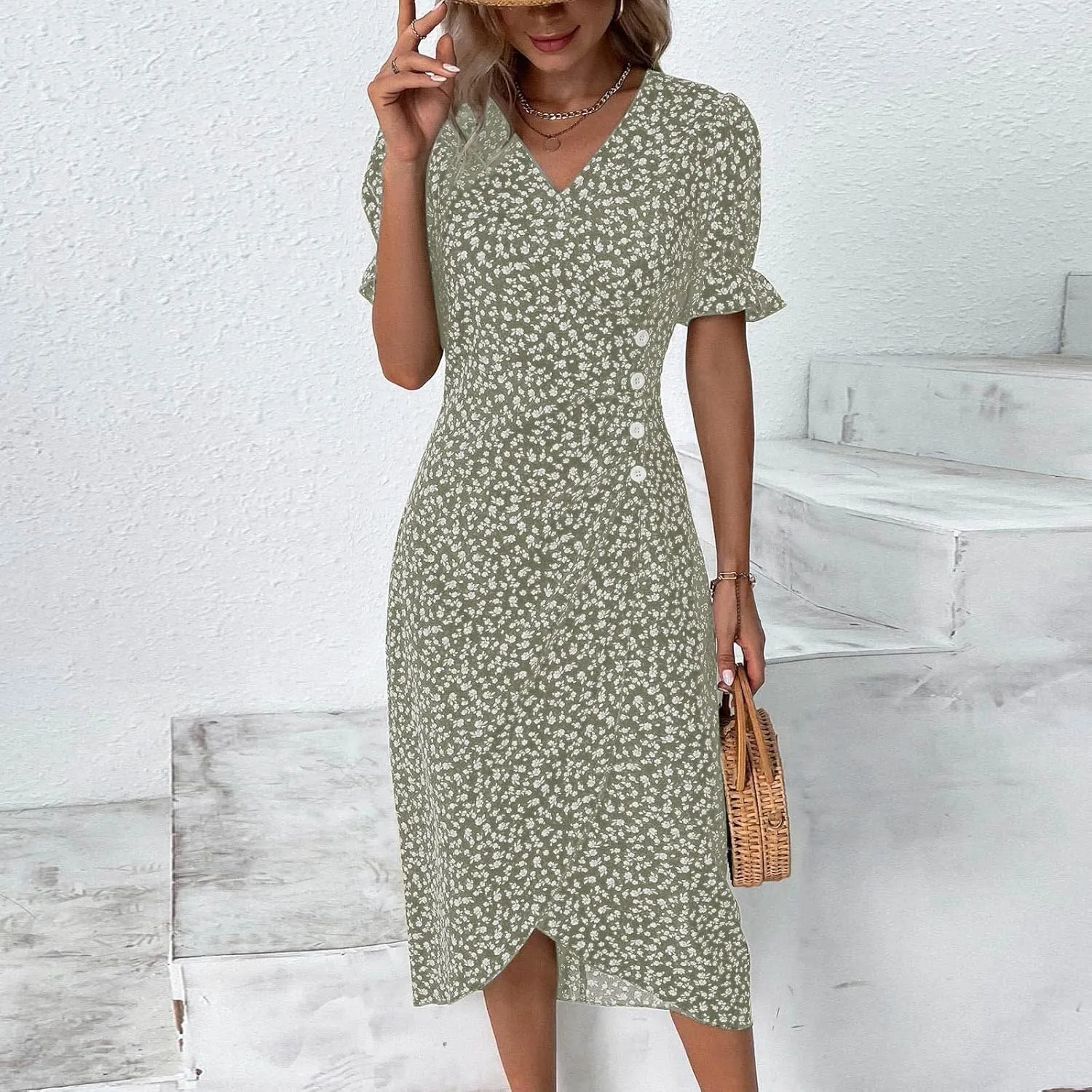 Summer Dresses for Women 2025 Fashion Floral Print V Neck 3/4 Sleeve Dress High Waist Boho Dresses Wrap Maxi Dress