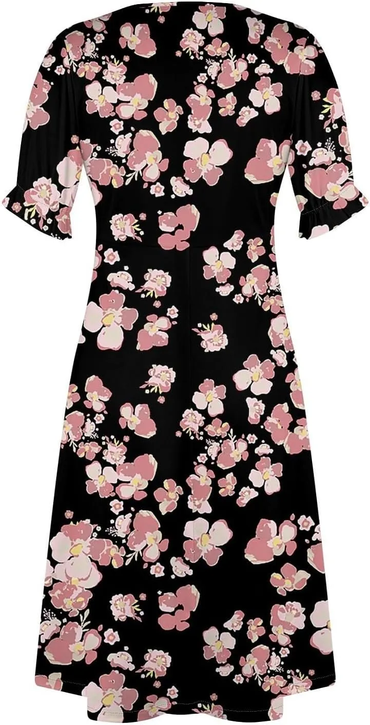 Summer Dresses for Women 2025 Floral Vacation Trendy Short Sleeve V Neck Casual Boho Dress Loose Flowy Beach Sundress
