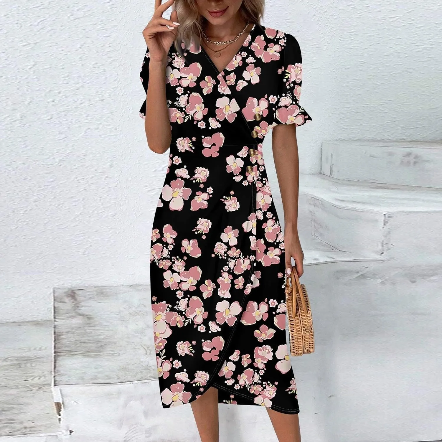 Summer Dresses for Women 2025 Floral Vacation Trendy Short Sleeve V Neck Casual Boho Dress Loose Flowy Beach Sundress