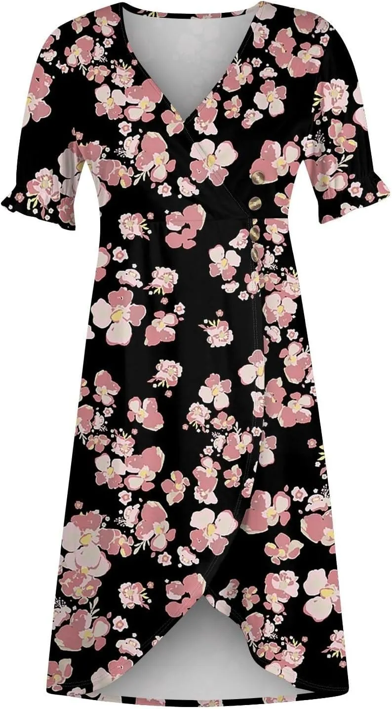 Summer Dresses for Women 2025 Floral Vacation Trendy Short Sleeve V Neck Casual Boho Dress Loose Flowy Beach Sundress