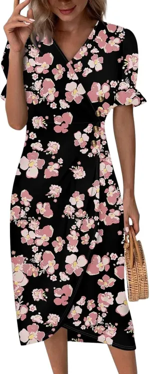 Summer Dresses for Women 2025 Floral Vacation Trendy Short Sleeve V Neck Casual Boho Dress Loose Flowy Beach Sundress
