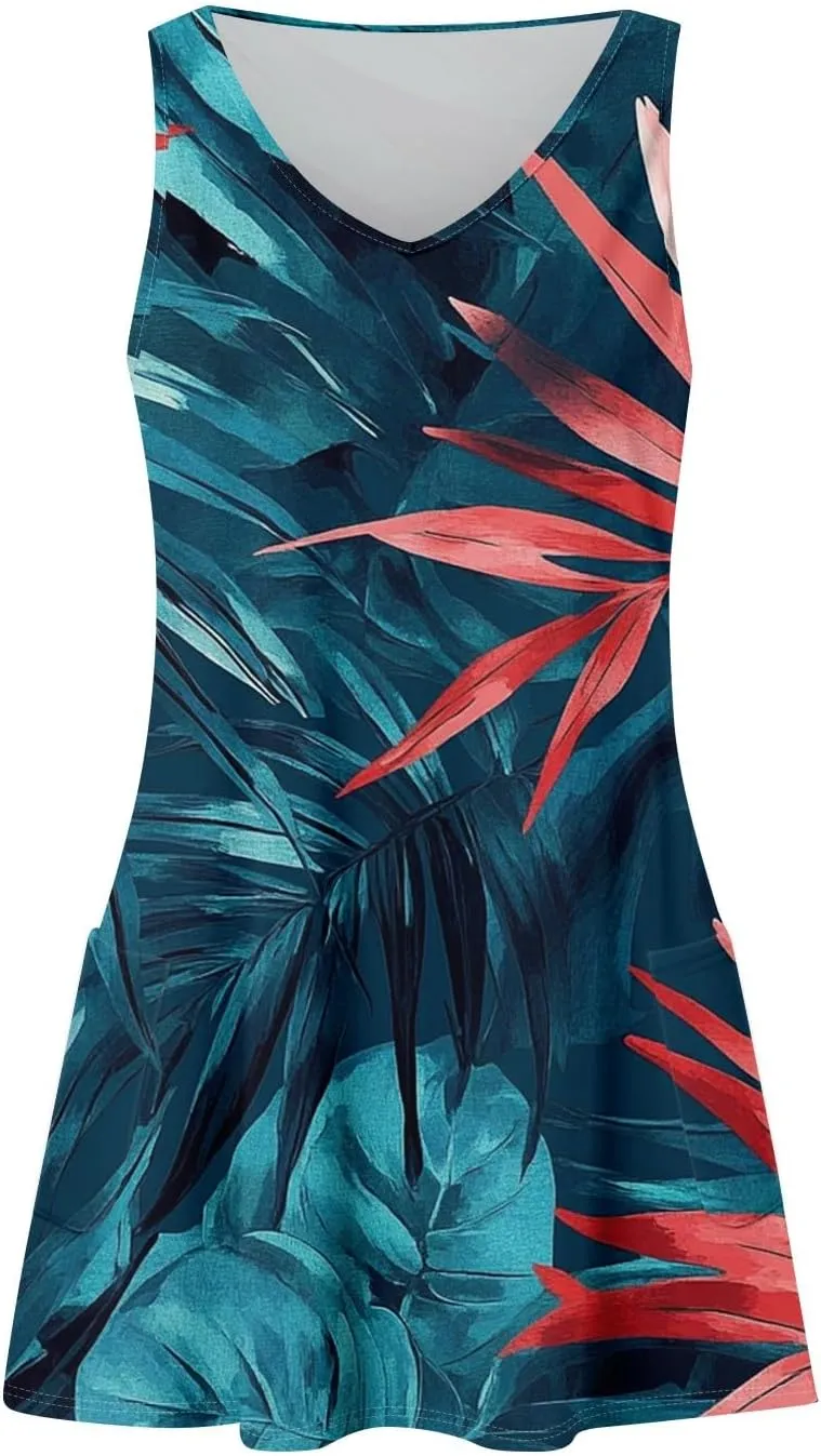 Summer Dresses for Women 2025 Sleeveless Sundress Printed V Neck Tank Dress Loose Fit Beach Vacation Dress with Pockets