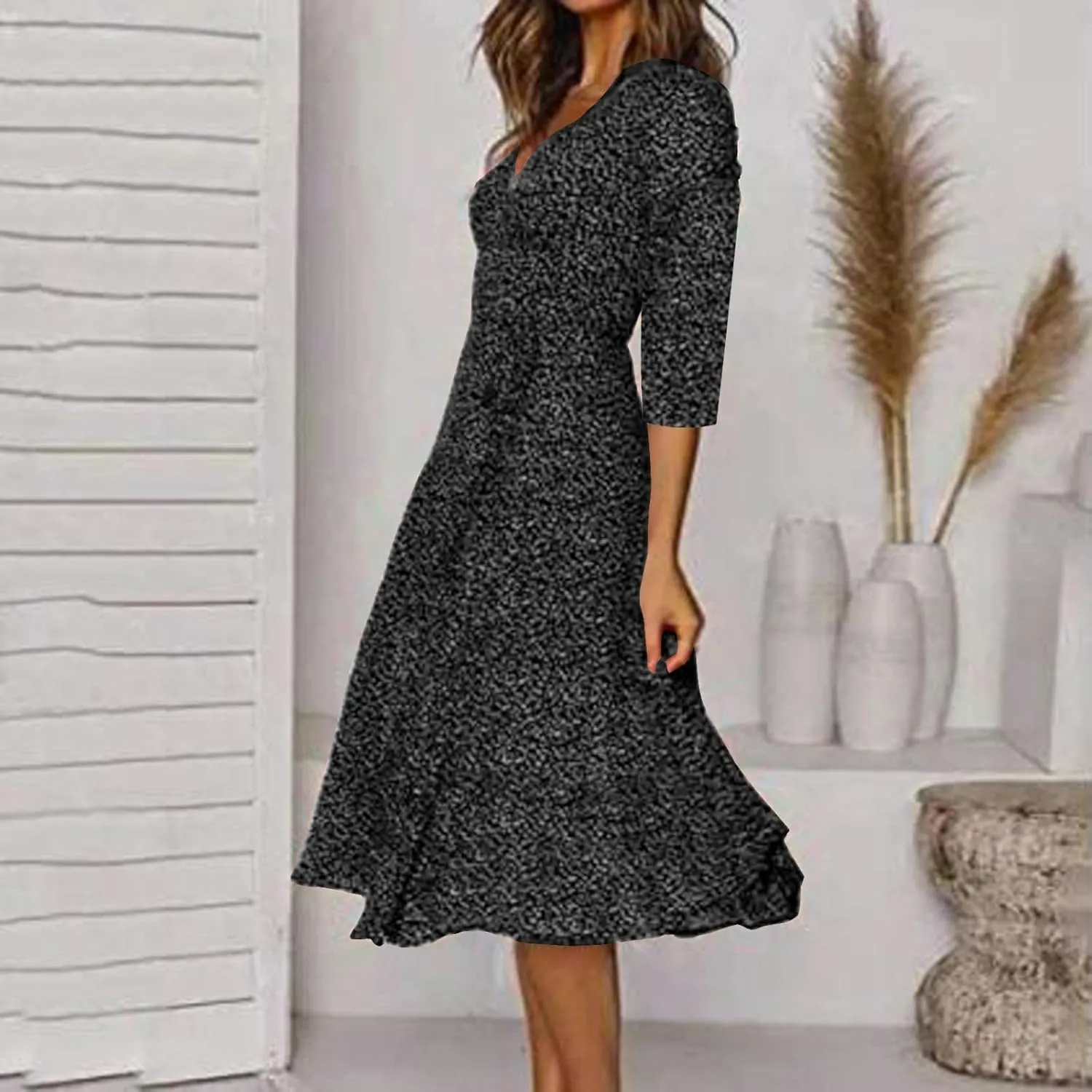 Summer Dresses for Women Floral Boho Dress Beach Casual Mid Length Dress Short Sleeve Flowy Elegant Midi Dresses