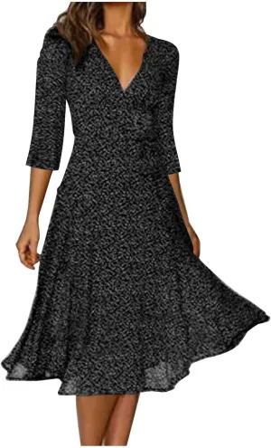 Summer Dresses for Women Floral Boho Dress Beach Casual Mid Length Dress Short Sleeve Flowy Elegant Midi Dresses