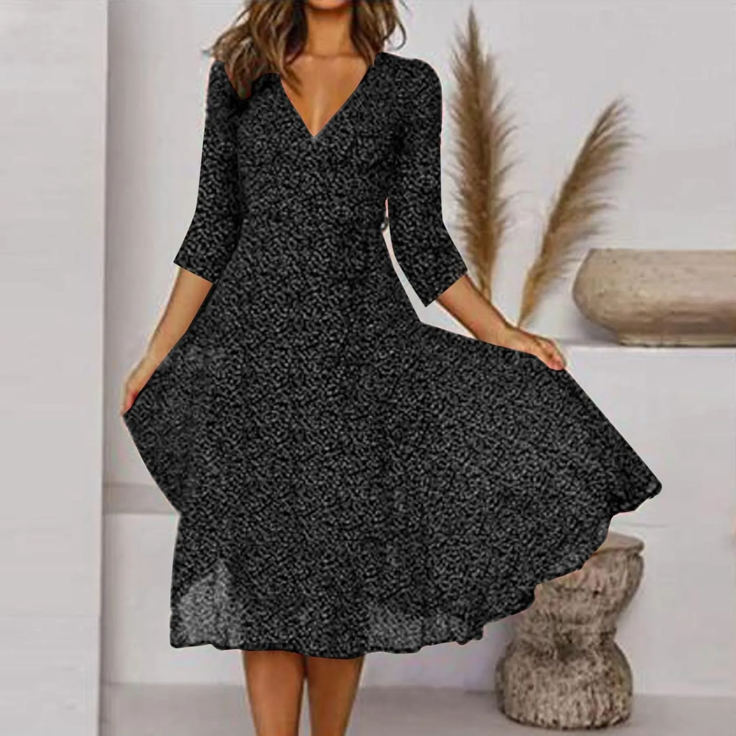 Summer Dresses for Women Floral Boho Dress Beach Casual Mid Length Dress Short Sleeve Flowy Elegant Midi Dresses