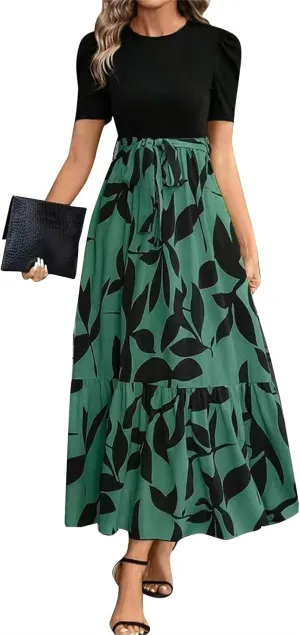 Summer Dresses for Women Floral Printrd A-Line Dress with Belt Flowy High Waist Maxi Dress Casual Elegant Long Dress