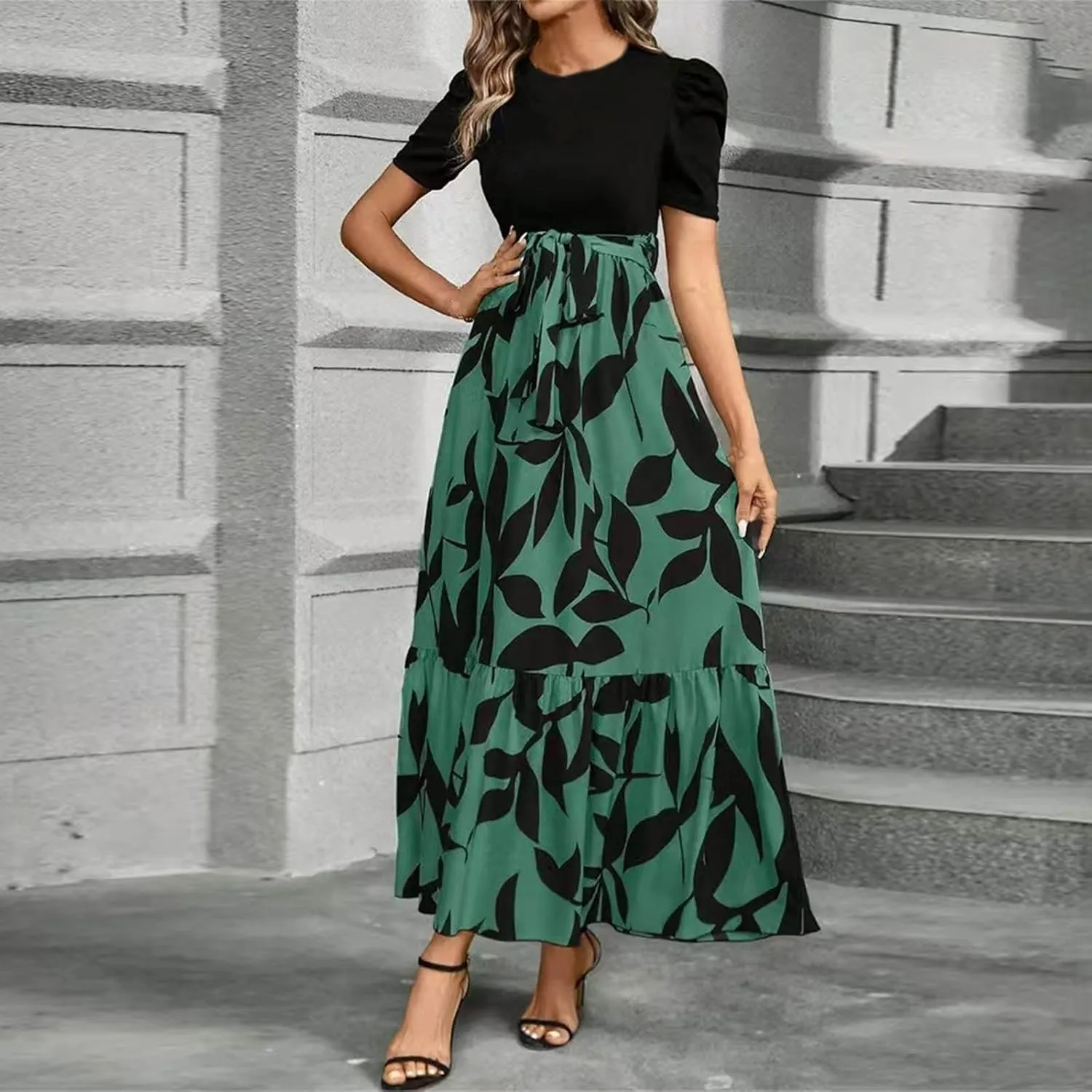 Summer Dresses for Women Floral Printrd A-Line Dress with Belt Flowy High Waist Maxi Dress Casual Elegant Long Dress