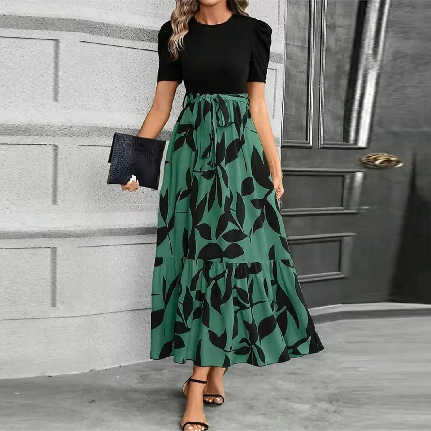 Summer Dresses for Women Floral Printrd A-Line Dress with Belt Flowy High Waist Maxi Dress Casual Elegant Long Dress