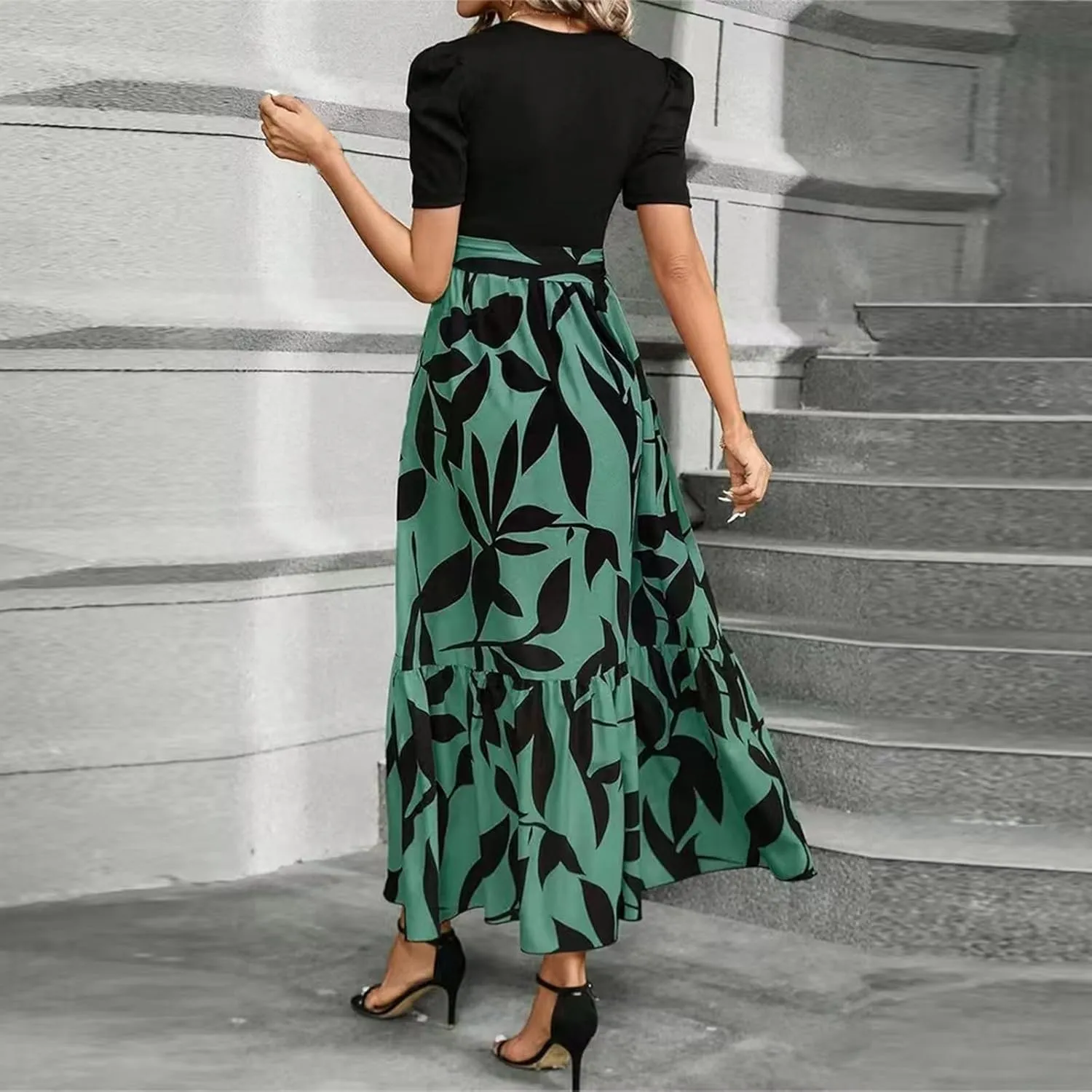 Summer Dresses for Women Floral Printrd A-Line Dress with Belt Flowy High Waist Maxi Dress Casual Elegant Long Dress