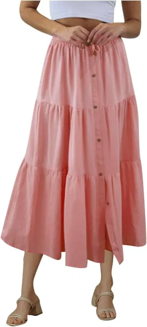 Summer Long Skirts for Women Boho Maxi Skirt Flowy Swing Tiered A-Line Elastic High Waist Button Dress Fashion