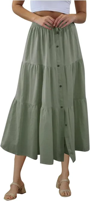 Summer Long Skirts for Women Boho Maxi Skirt Flowy Swing Tiered A-Line Elastic High Waist Button Dress Fashion