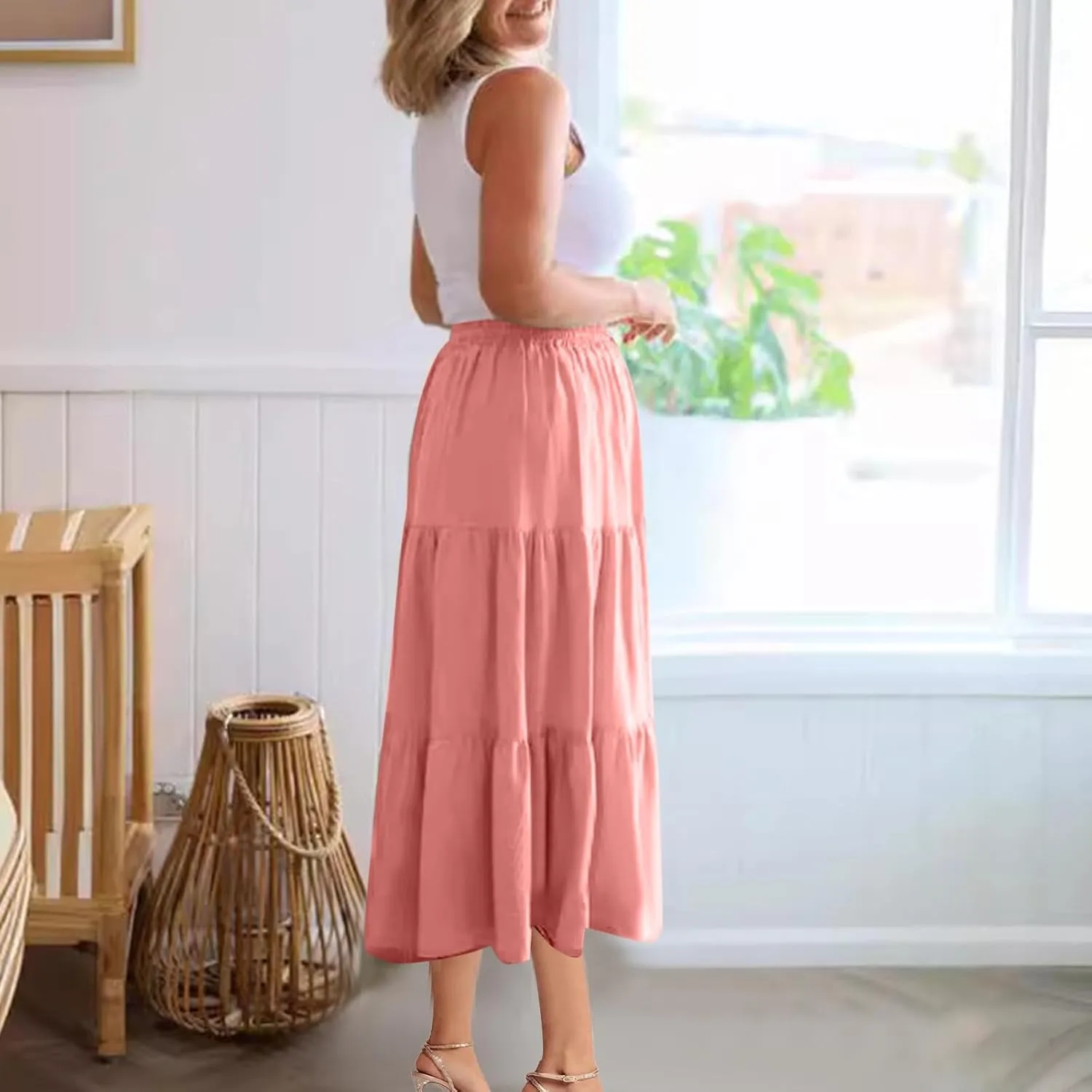 Summer Long Skirts for Women Boho Maxi Skirt Flowy Swing Tiered A-Line Elastic High Waist Button Dress Fashion