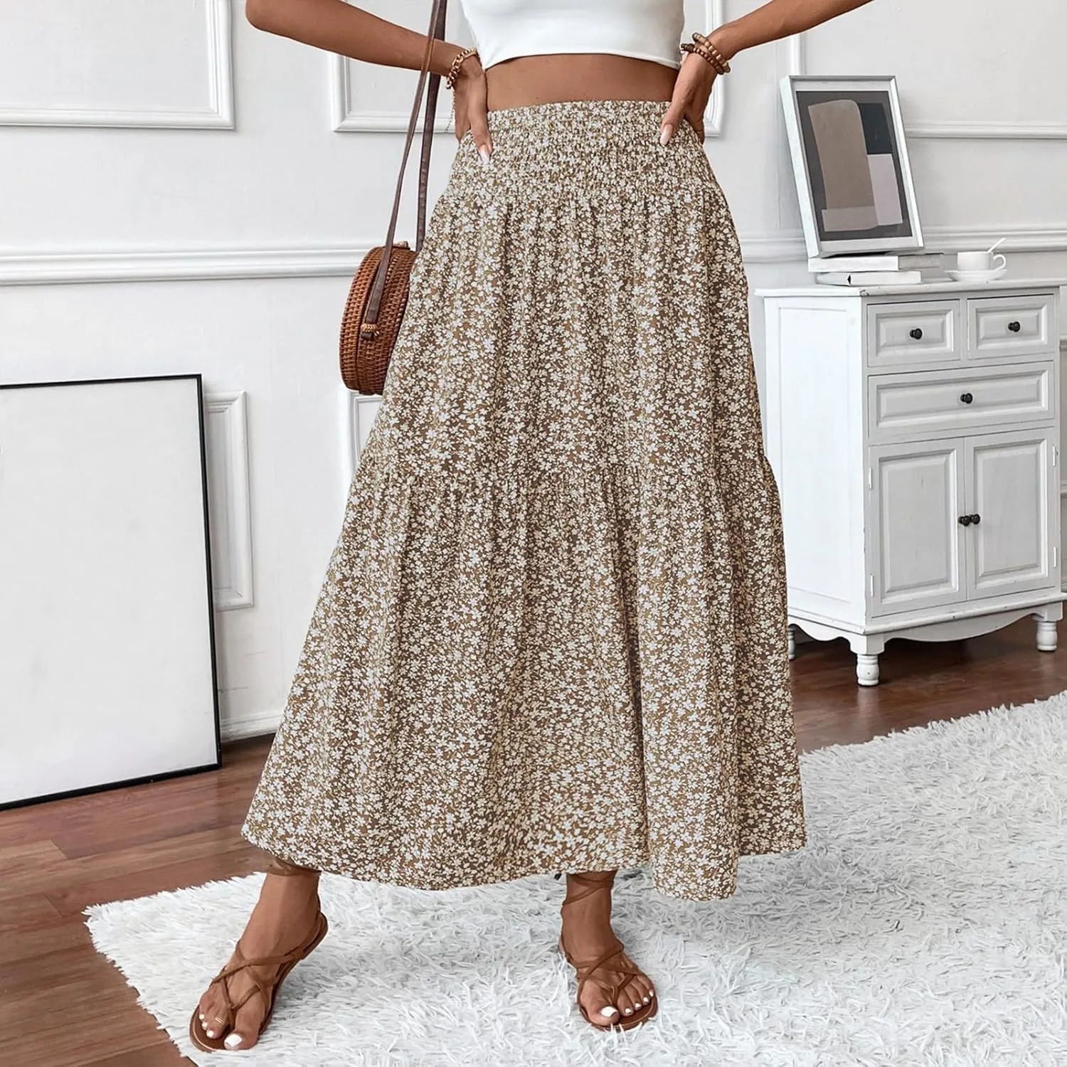 Summer Skirts for Women 2025 Vacation Beach Boho Floral Midi Skirt Tiered Elastic High Waisted Flowy Skirts