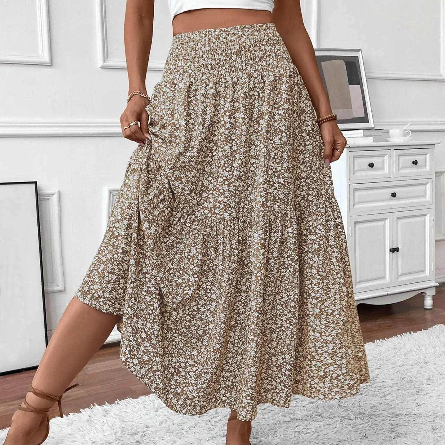Summer Skirts for Women 2025 Vacation Beach Boho Floral Midi Skirt Tiered Elastic High Waisted Flowy Skirts