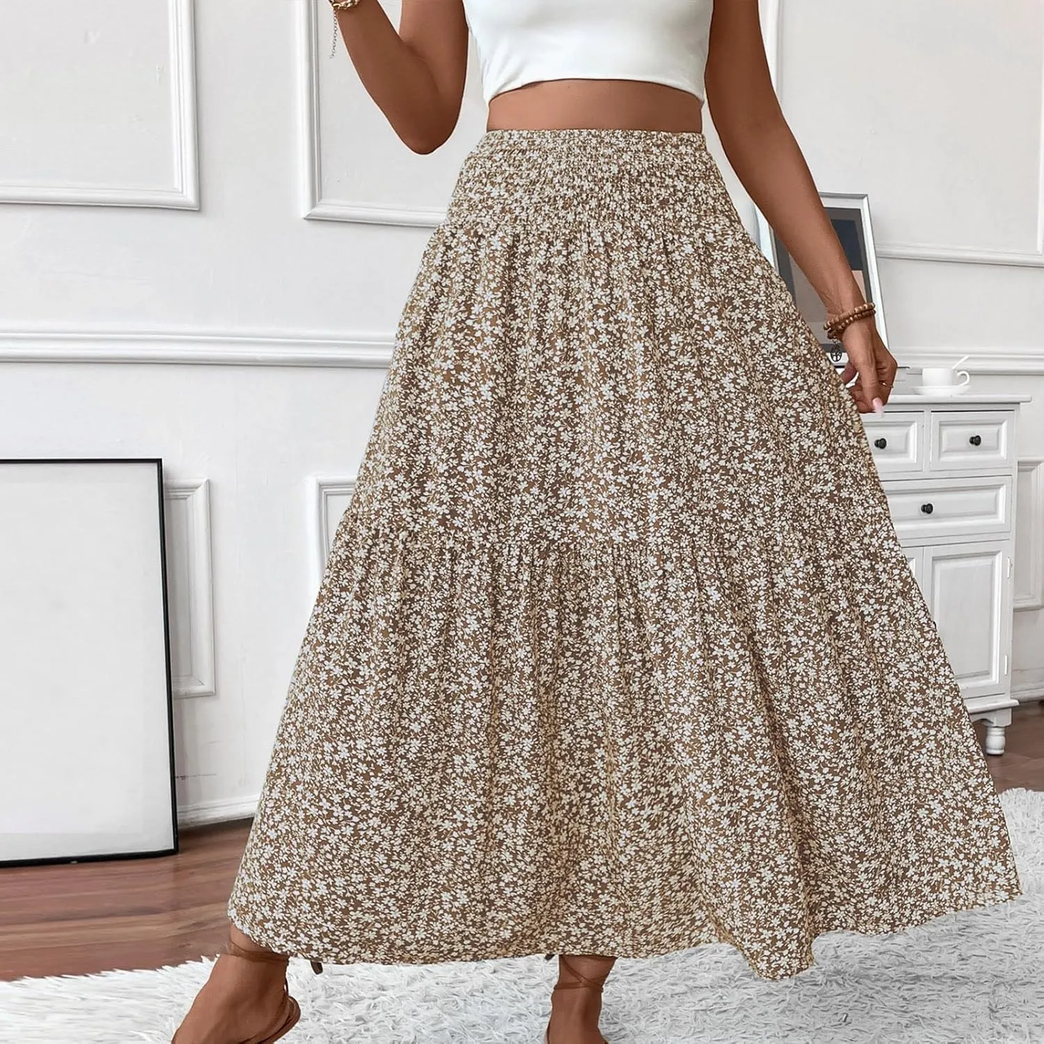 Summer Skirts for Women 2025 Vacation Beach Boho Floral Midi Skirt Tiered Elastic High Waisted Flowy Skirts