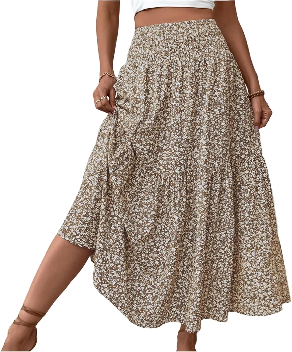 Summer Skirts for Women 2025 Vacation Beach Boho Floral Midi Skirt Tiered Elastic High Waisted Flowy Skirts