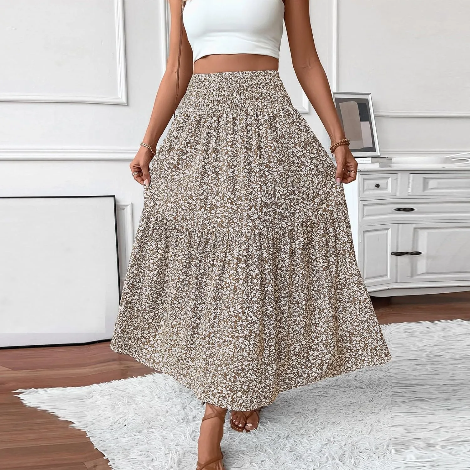 Summer Skirts for Women 2025 Vacation Beach Boho Floral Midi Skirt Tiered Elastic High Waisted Flowy Skirts