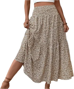 Summer Skirts for Women 2025 Vacation Beach Boho Floral Midi Skirt Tiered Elastic High Waisted Flowy Skirts