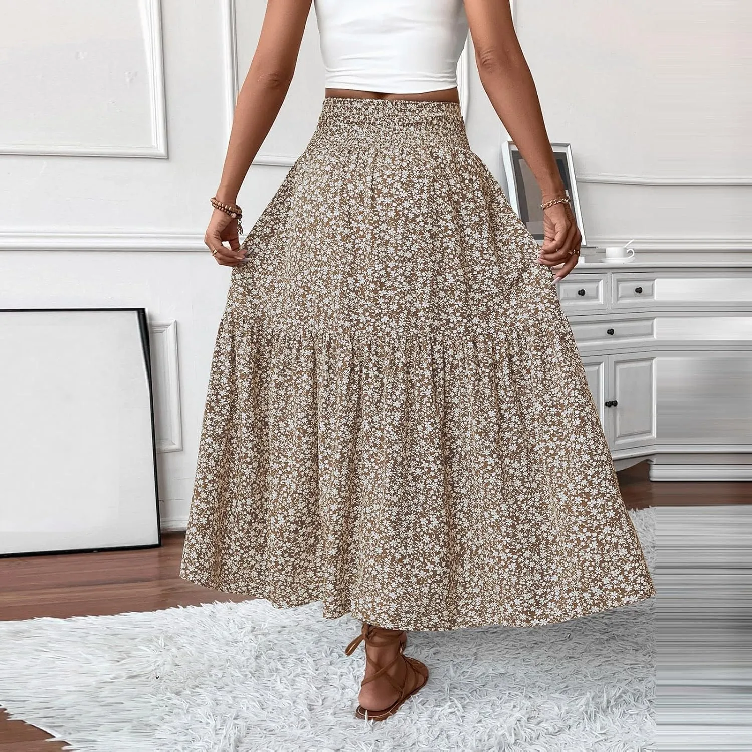Summer Skirts for Women 2025 Vacation Beach Boho Floral Midi Skirt Tiered Elastic High Waisted Flowy Skirts